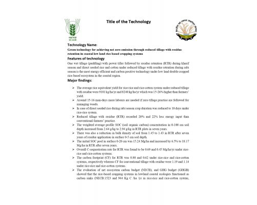 Green technology for achieving net zero emission through reduced tillage with residue retention in coastal low land rice based cropping systems